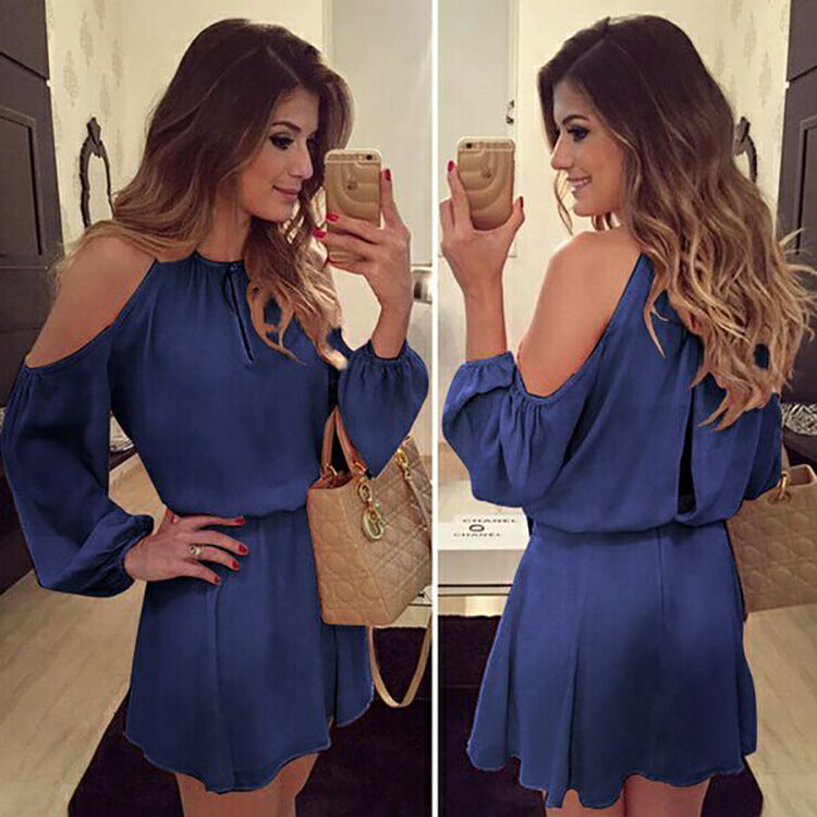 flowersverse Chiffon Off Shoulder Sling Long Sleeve Casual Solid Dress