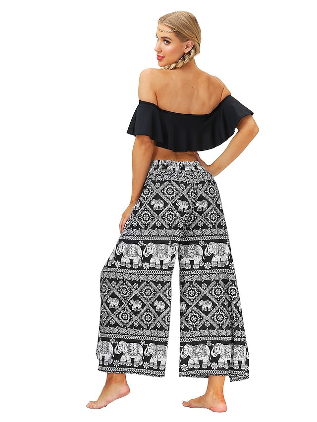 flowersverse Women's Harem Wide Leg Pants Trousers Light gray Gray Black High Waist Basic Boho Gym Yoga Layered High Cut Micro-elastic Full Length Comfort Pattern S L / Drop Crotch / Plus Size / Loose Fit / Print