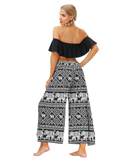 flowersverse Women's Harem Wide Leg Pants Trousers Light gray Gray Black High Waist Basic Boho Gym Yoga Layered High Cut Micro-elastic Full Length Comfort Pattern S L / Drop Crotch / Plus Size / Loose Fit / Print