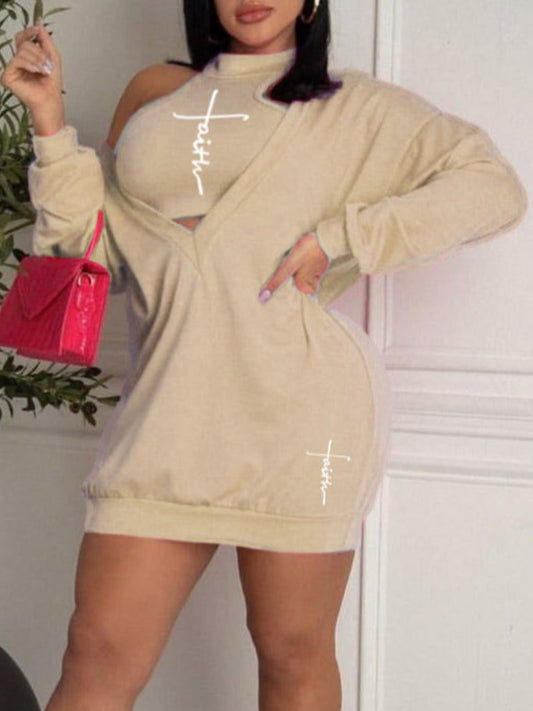 flowersverse V Neck Faith Letter Print Sweat Dress (With Camisole) BO5017