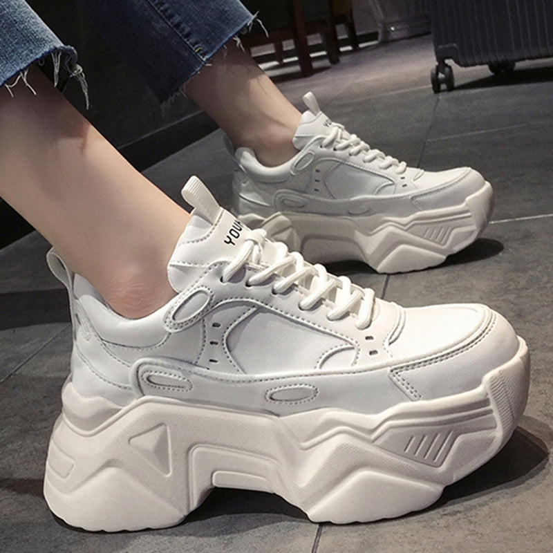 flowersverse Women Platform Sneakers Leather Casual Ladies Chunky Shoes White Woman High Black Fashion Brand Thick soled Wedge Sneakers