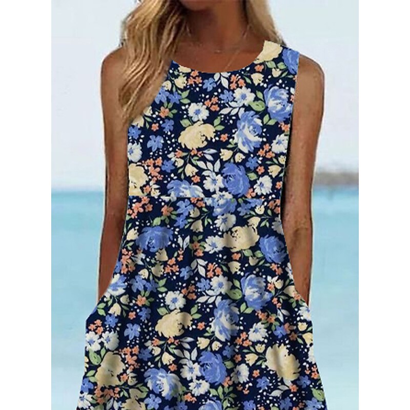 flowersverse Women's Casual Dress Tank Dress Floral Dress Floral Pocket Print Crew Neck Midi Dress Fashion Modern Daily Holiday Sleeveless Regular Fit Blue Summer Spring S M L XL XXL