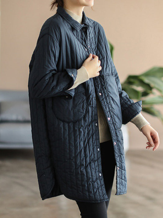 flowersverse Asymmetric Buttoned Pockets Quilted Solid Color Split-side Long Sleeves Loose Lapel Padded Coat