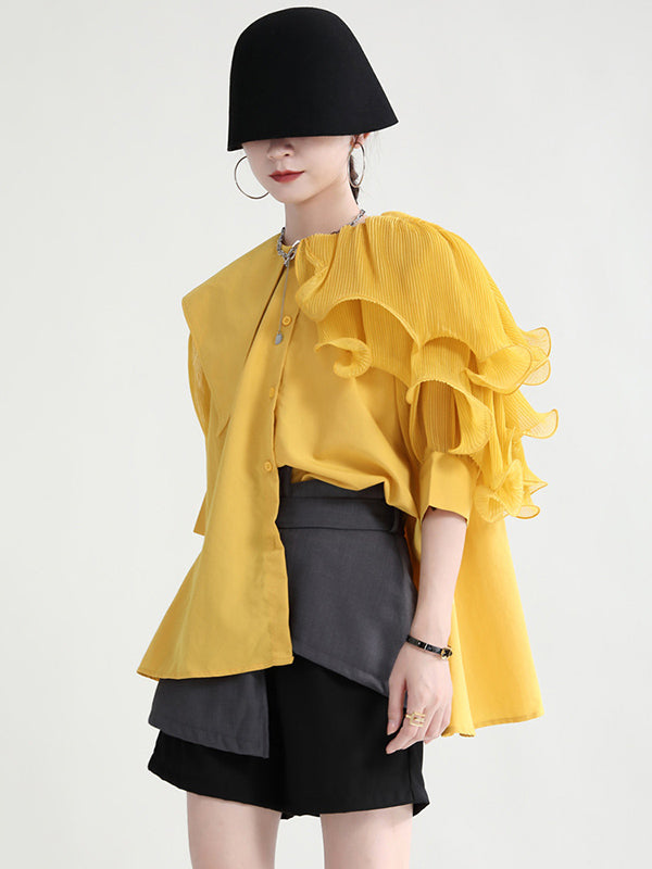 flowersverse Stylish Asymmetric Split-Joint Falbala With Belted Half Sleeves Blouses