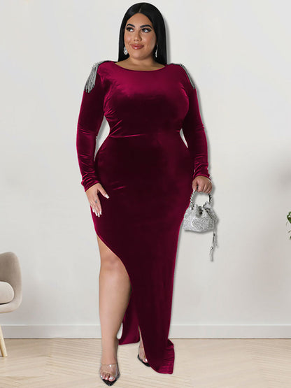 flowersverse Plus Size Long Sleeve Side Split Maxi Dresses