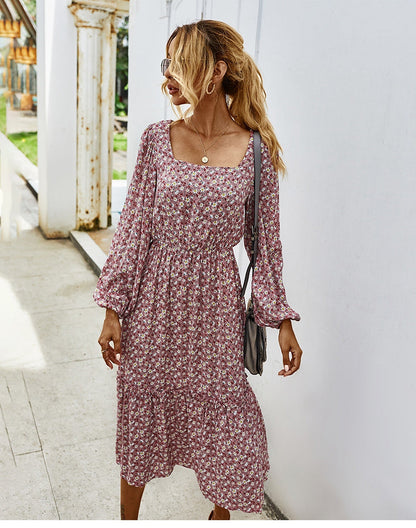 flowersverse Retro Ladies Square Collar Floral Long Dress Autumn Winter Women High Waist Full Sleeve Elegant Chic Dress