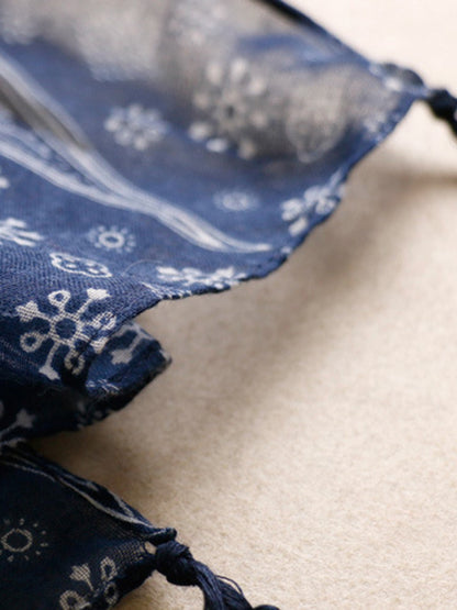 flowersverse Printed Blue-And-White Sun-protection Tasseled Shawl&Scarf