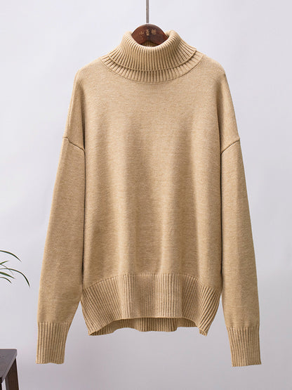 flowersverse Solid Color Long Sleeves Loose High Neck Sweater Tops Pullovers Knitwear