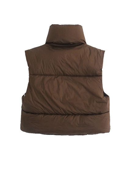 flowersverse Skinny Sleeveless Solid Color Zipper Stand Collar Padded Vest Vest Top