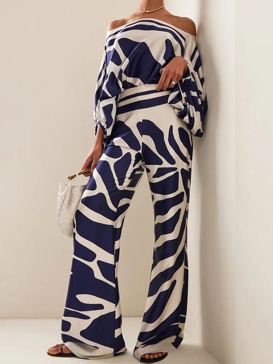 flowersverse Printed Off-The-Shoulder Top + Wide Leg  Pants Two Pieces Set