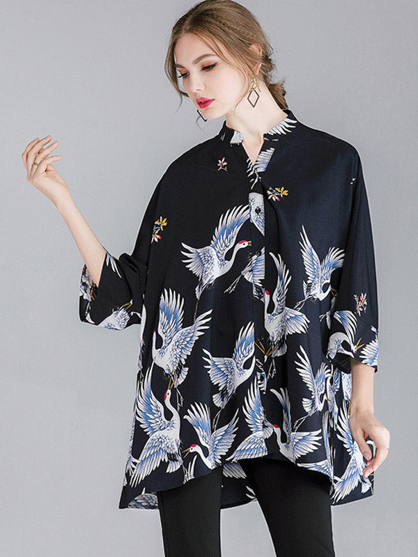 flowersverse Original Crane Printed Buttoned Stand Collar Half Sleeves Blouse