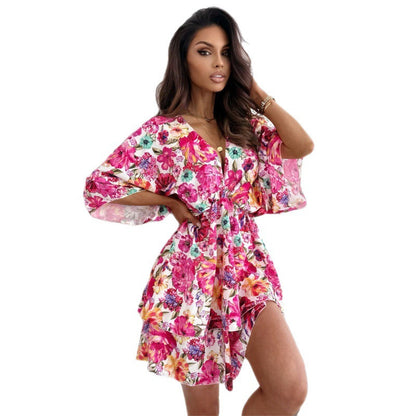 flowersverse Women's Floral Print Deep V Waist Trimming Dresses