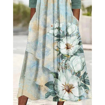 flowersverse Women's Casual Dress Summer Dress Print Dress Floral Ruched Fake two piece Crew Neck Midi Dress Fashion Modern Outdoor Daily Half Sleeve Regular Fit Green Spring Summer S M L XL XXL