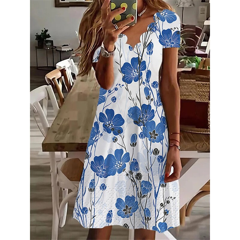 flowersverse Women's Casual Dress Shift Dress Midi Dress White Navy Blue Blue Short Sleeve Floral Print Spring Summer V Neck Vacation  S M L XL XXL 3XL