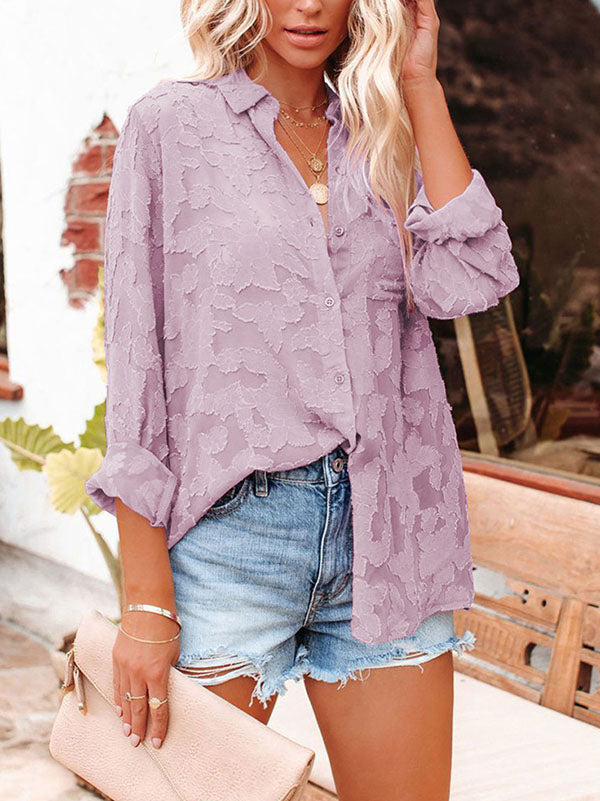 flowersverse Jacquard See-Through Solid Color Long Sleeves Lapel Blouses&Shirts Tops