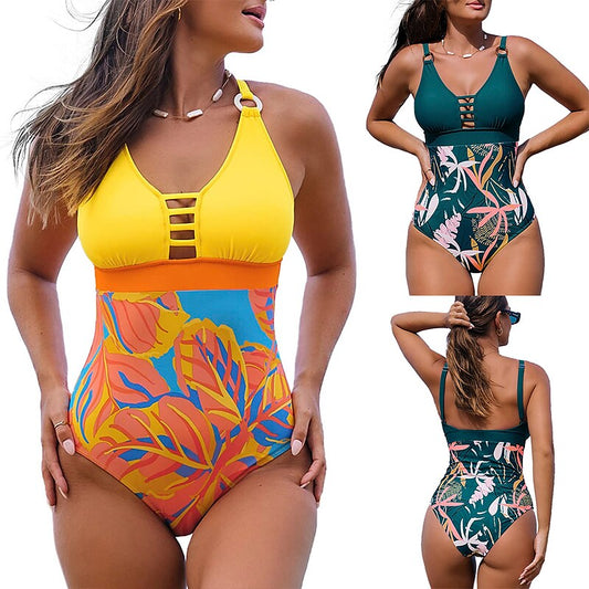 flowersverse Women's Swimwear One Piece Normal Swimsuit Printing Floral Yellow Green Bodysuit Bathing Suits Sports Beach Wear Summer