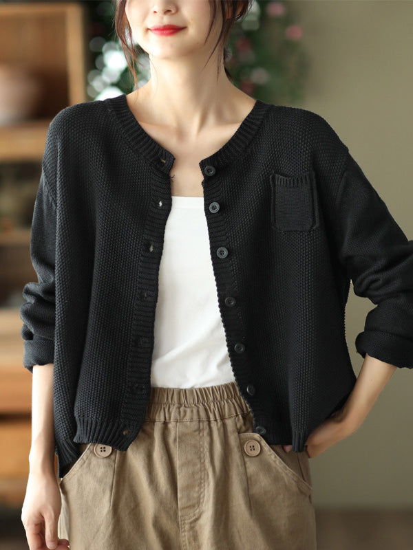 flowersverse Simple Loose Long Sleeves Buttoned Solid Color Round-Neck Cardigan Tops