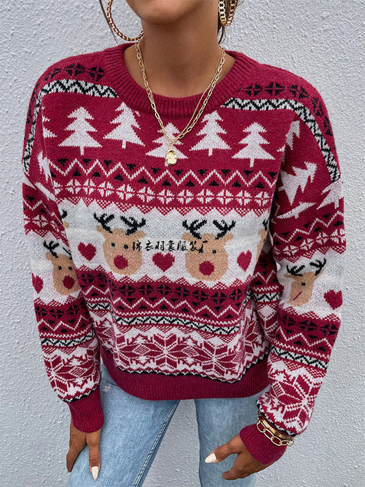 flowersverse Christmas Tree Elk Printed Loose Long Sleeves Round-Neck Sweater Tops