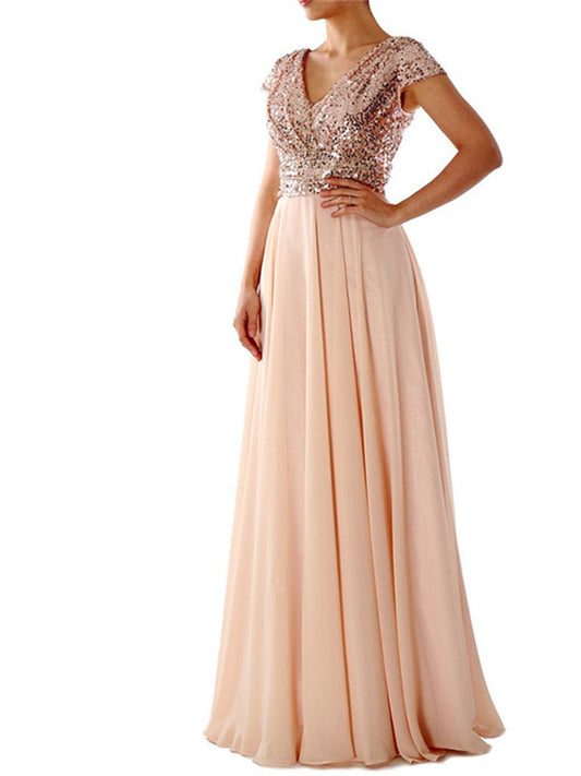 flowersverse V-Neck Chiffon Patchwork Evening Dress