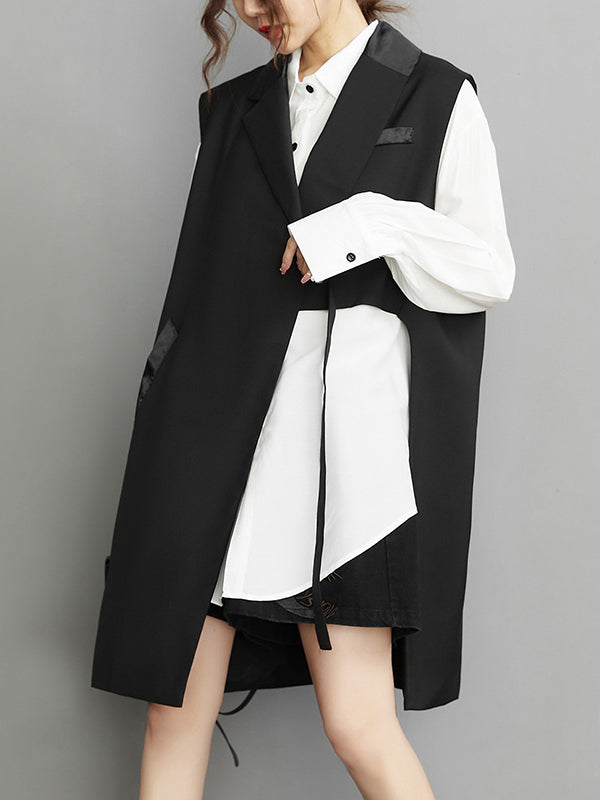 flowersverse Asymmetric Pockets Tied Sleeveless Notched Collar Vest Outerwear