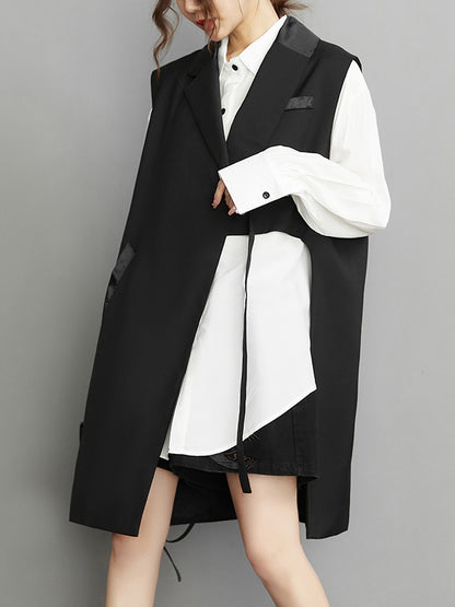 flowersverse Asymmetric Pockets Tied Sleeveless Notched Collar Vest Outerwear