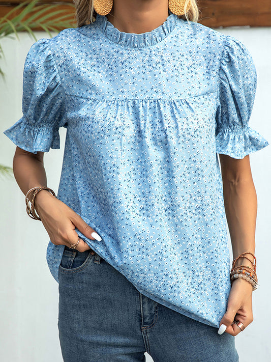 flowersverse Elastics Floral Printed Split-Joint Bishop Sleeve Stand Collar Blouses&Shirts Tops