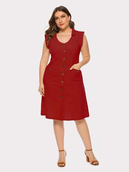 flowersverse Plus Size Sleevelss Buttons Midi Dress