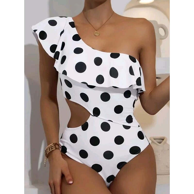 flowersverse Women's Swimwear One Piece Normal Swimsuit Ruffle Cut Out Printing One Shoulder Polka Dot Striped Black stripes blue strips White Bodysuit Bathing Suits Sports Summer