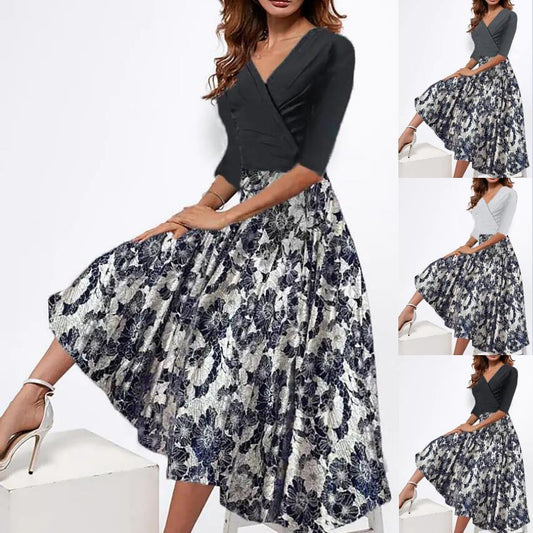 flowersverse Women's Middle-sleeve Floral-print Stitching Printing Temperament Commute Dresses