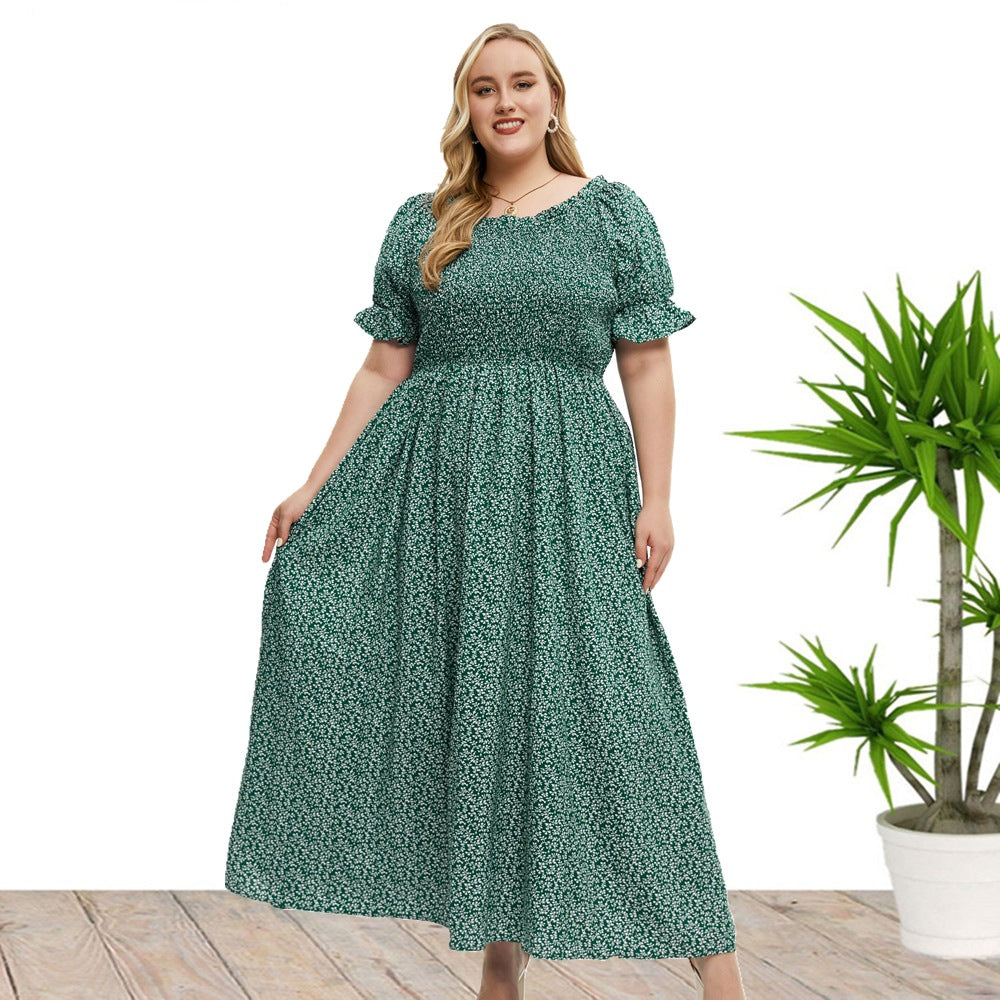 flowersverse Summer Fall Plus Size Women's Round Neck Dress