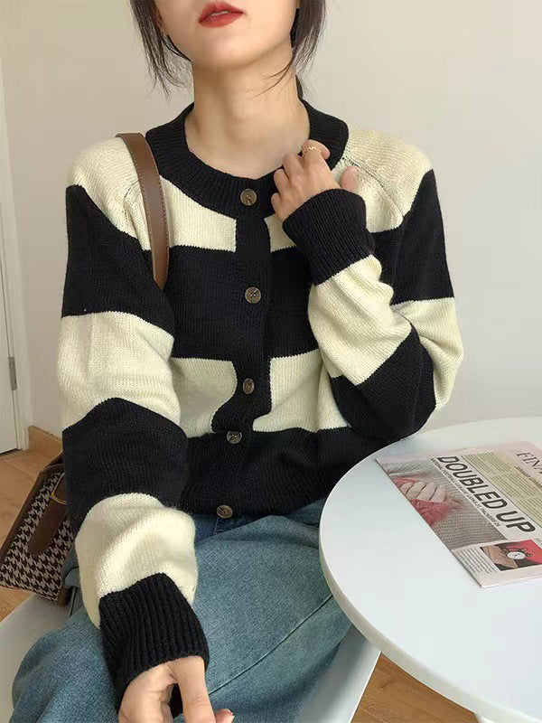 flowersverse Casual Buttoned Contrast Color Striped Cardigan Tops