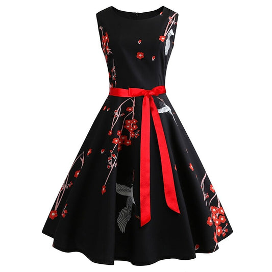 flowersverse Women's Elegant Retro Swing Dress Midi Dress Outdoor Daily Bow Print Floral Crew Neck Sleeveless Regular Fit Spring Summer  Black S M L XL