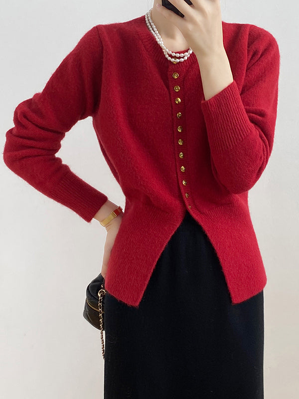 flowersverse Elegant Long Sleeves Solid Color Round-Neck Cardigan Tops