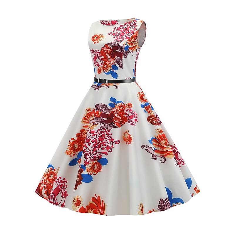 flowersverse Women's Elegant Retro Swing Dress Midi Dress Party Daily With Belt Print Floral Crew Neck Sleeveless Regular Fit Spring Summer  White Red S M L XL