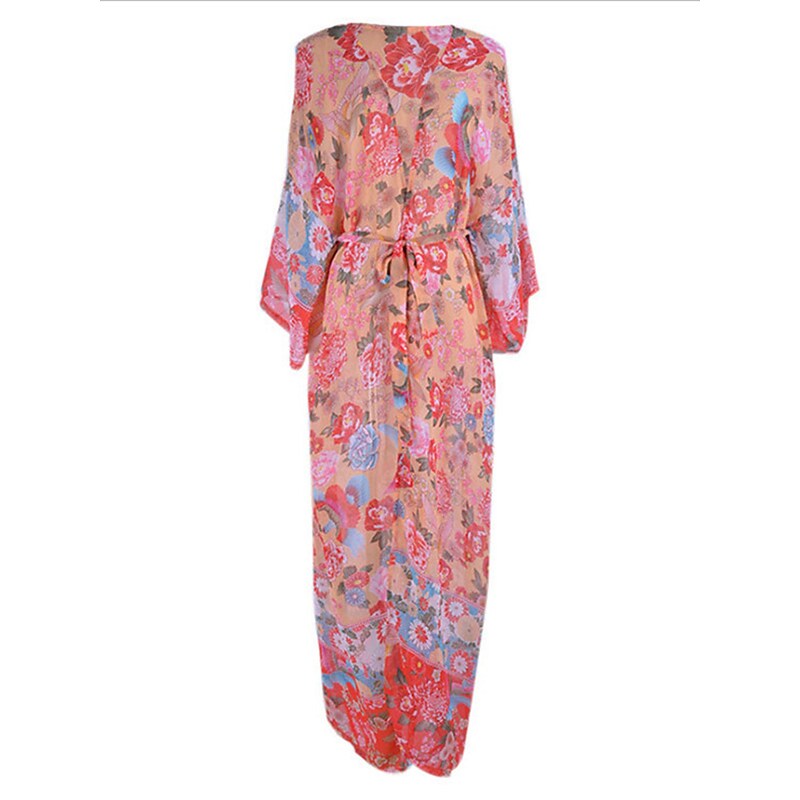 flowersverse Women's Cover Up Beach Dress Beach Wear Long Dress Maxi Dress With Belt Print Fashion Casual Floral Open Front Long Sleeve Loose Fit Outdoor Daily Light Yellow  Spring Summer One Size