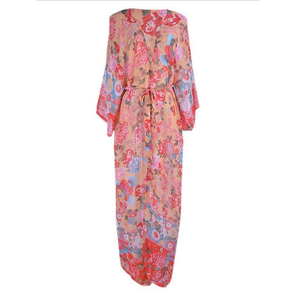 flowersverse Women's Cover Up Beach Dress Beach Wear Long Dress Maxi Dress With Belt Print Fashion Casual Floral Open Front Long Sleeve Loose Fit Outdoor Daily Light Yellow  Spring Summer One Size