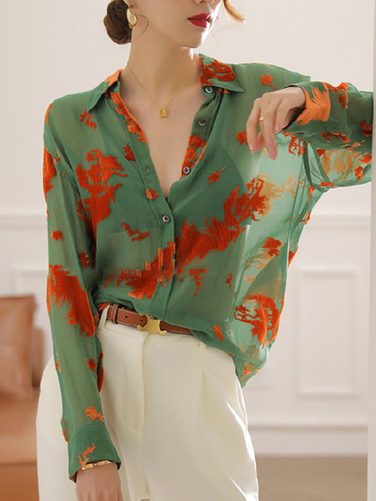 flowersverse Printed See-Through Long Sleeves Lapel Blouses&shirts Tops