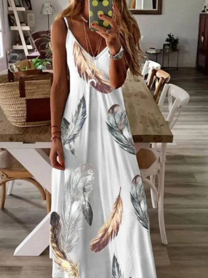 flowersverse Casual Feather Sleeveless V Neck Plus Size Printed Dress