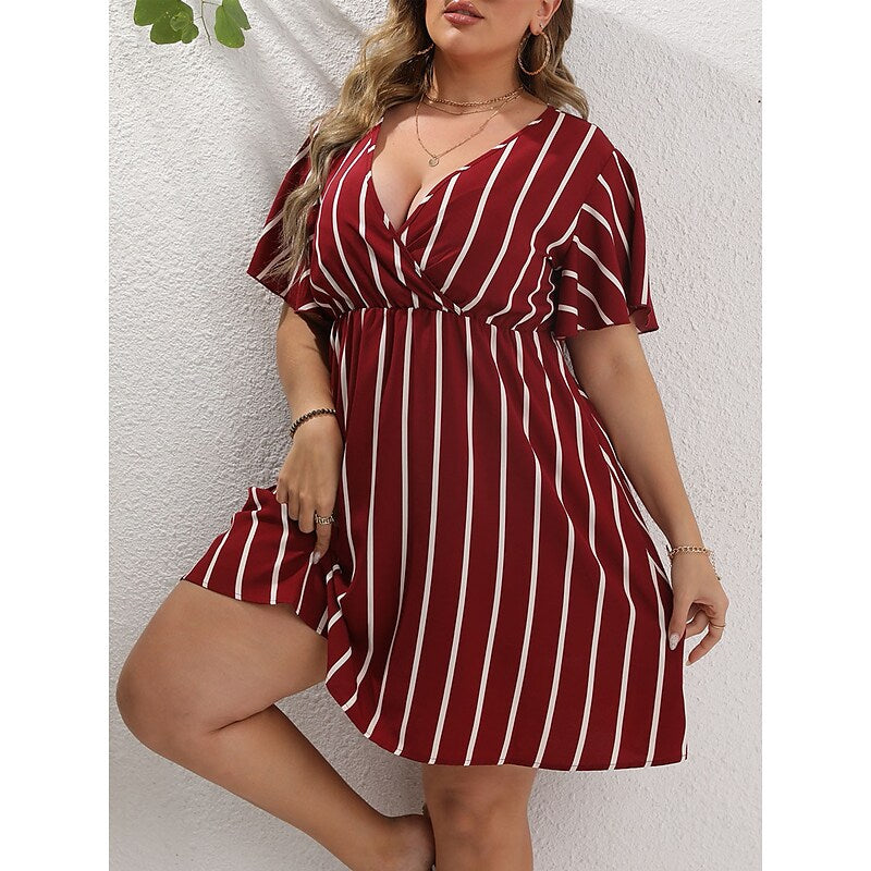 flowersverse Women's Plus Size Casual Dress A Line Dress Stripe Mini Dress Short Sleeve Print V Neck Fashion Outdoor ArmyGreen Black Spring Summer L XL XXL 3XL 4XL