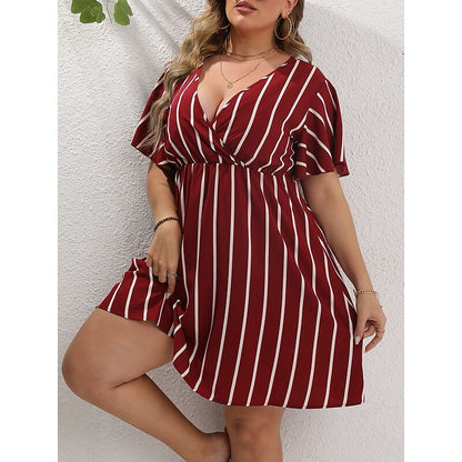 flowersverse Women's Plus Size Casual Dress A Line Dress Stripe Mini Dress Short Sleeve Print V Neck Fashion Outdoor ArmyGreen Black Spring Summer L XL XXL 3XL 4XL