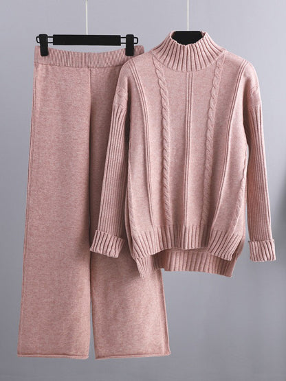 flowersverse Loose Long Sleeves Split-Side Solid High-Low Half Turtleneck Sweater Tops & Wide Leg Pants Two Pieces Set