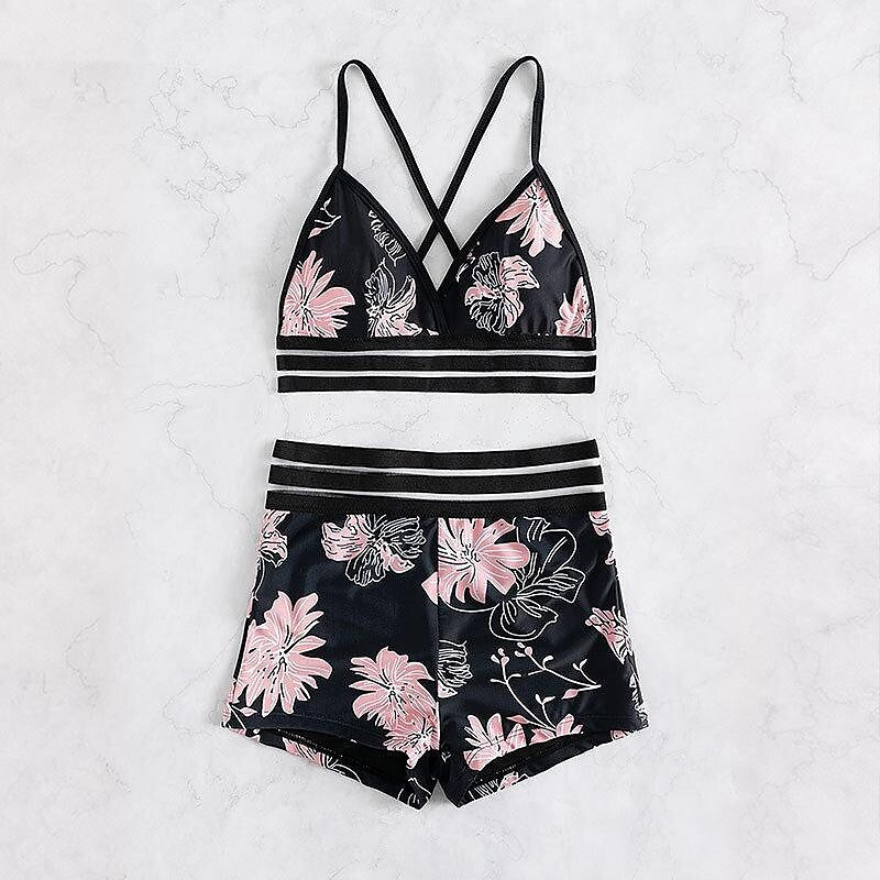 flowersverse Women's Swimwear Bikini Normal Swimsuit 2 Piece Printing Floral Black Bathing Suits Sports Summer