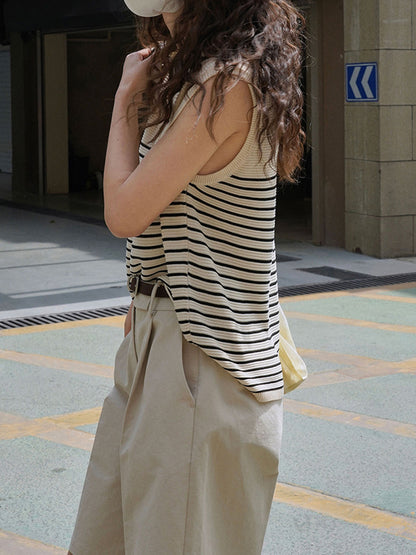 flowersverse Striped Loose Sleeveless Round-neck Vest Top