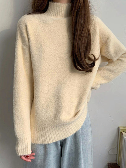 flowersverse Solid Color Long Sleeves Loose Mock Neck Sweater Tops Pullovers