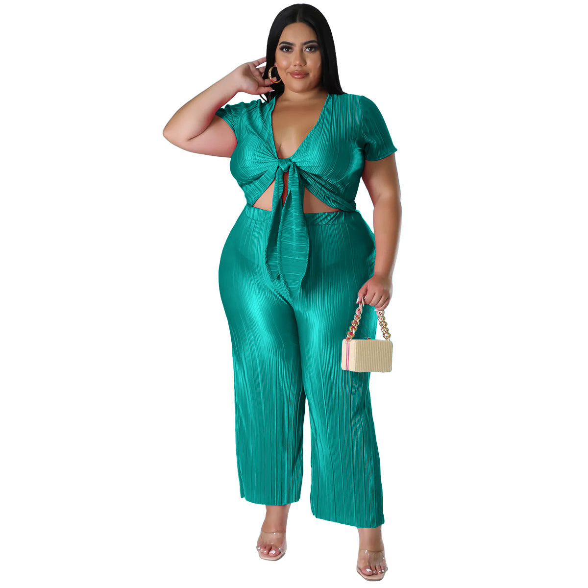 flowersverse Plus Size Women Stretch Lace-Up Top and Pleated Wide-Leg Pants Two-Piece Set