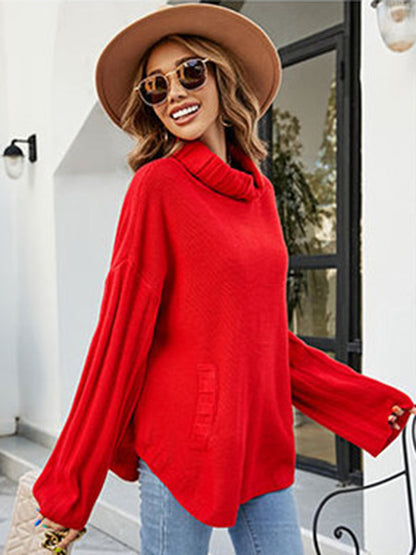 flowersverse Loose Long Sleeves Solid Color High-Neck With Pockets Sweater Tops