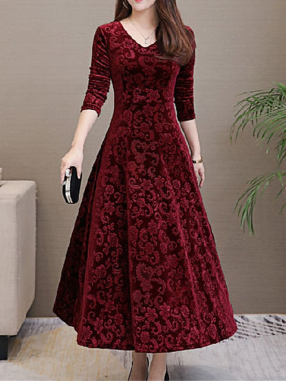 flowersverse Women's A Line Dress Knee Length Dress Green Black Red Long Sleeve Floral Jacquard Fall Spring V Neck Elegant Vintage Party Slim  M L XL XXL 3XL