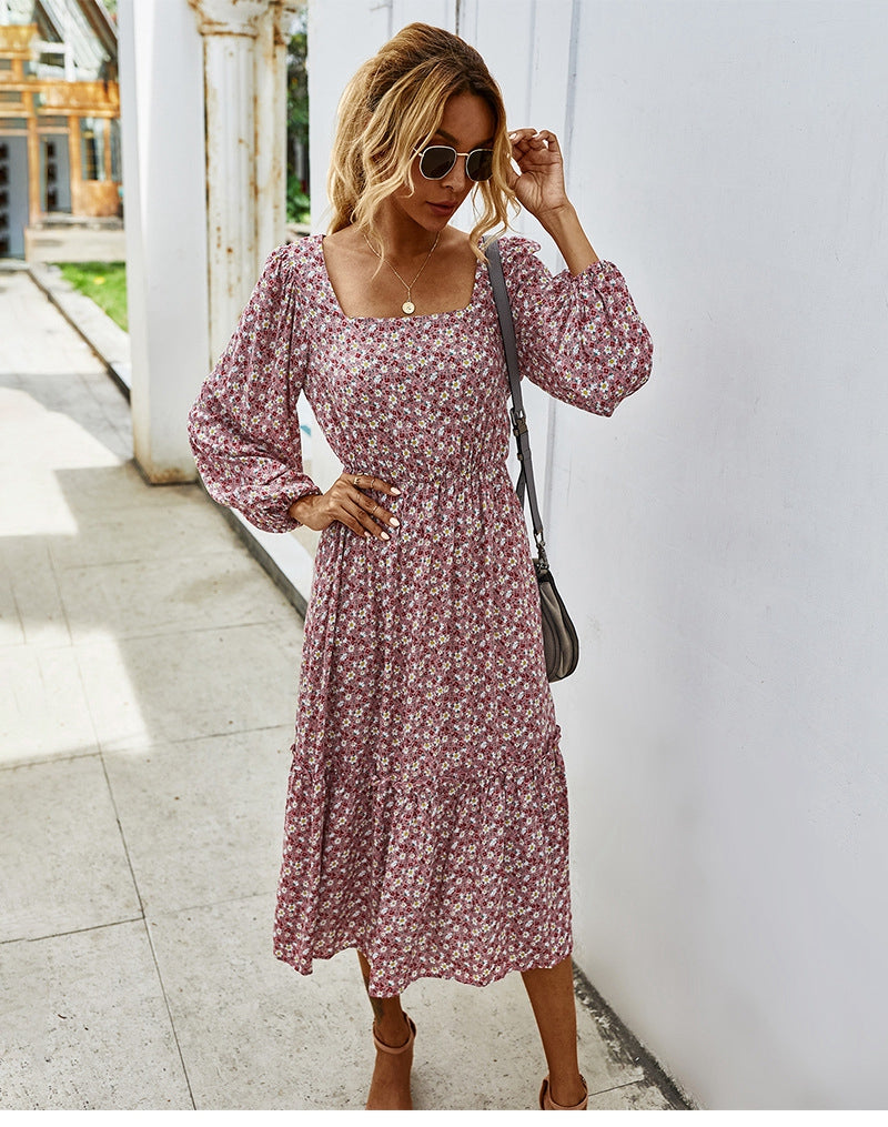 flowersverse Retro Ladies Square Collar Floral Long Dress Autumn Winter Women High Waist Full Sleeve Elegant Chic Dress