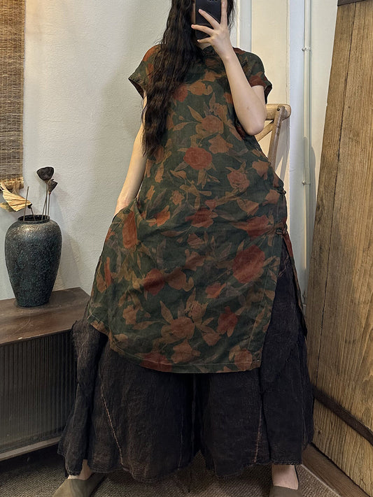 flowersverse Plus Size Women Summer Vintage Floral Split Hem Ramie Robe Dress