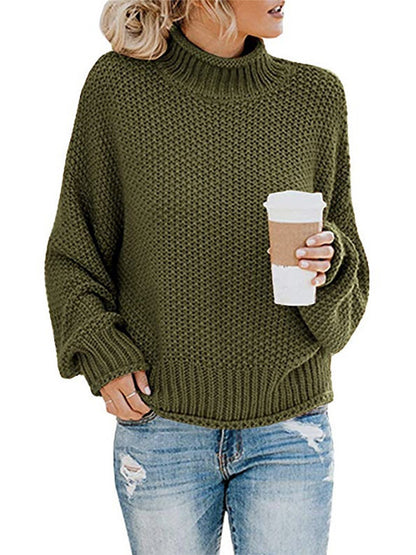 flowersverse Casual Long Sleeves Solid Color High-Neck Sweater Tops